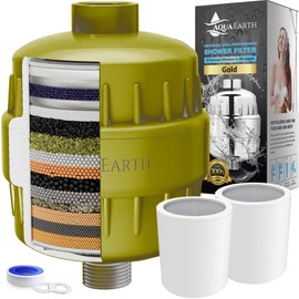 Shower Head Filter For Hard Water Gold 20 Stages to Remove Chlorine Fluoride Water Softener Coconut Shell Activated Carbon Reduces Dry Itchy Skin Heavy Metals Other Sediments Vitamin C Aqua Earth