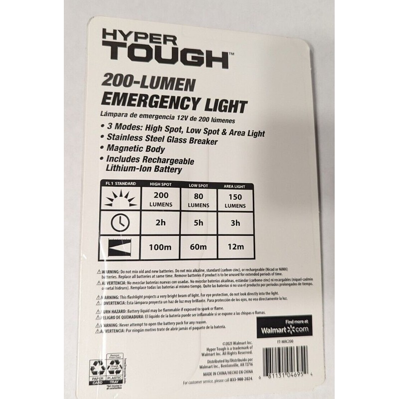 Hyper Tough 200-LUMEN 12V RECHARGEABLE EMERGENCY LIGHT Flashlight Car Charger