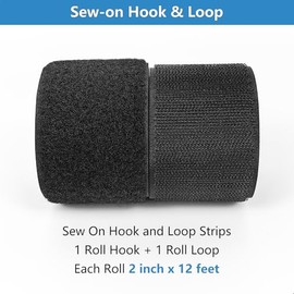 Matenf 2 Inch Sew On Hook and Loop Strips - Non Adhesive, Excellent Grip, Heavy Duty, Interlocking Tape, Hook & Loop Tape for Clothing Sewing Crafts and DIY Projects, Each Roll 2'' x 12', Black