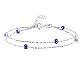 Protection Amulet Minimalist Delicate Double Row Navy Blue Evil Eye Anklet Ankle Bracelet for Women Teen .925 Sterling Silver 8.5-9.5 Inch