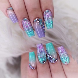 Purple Gradient Press on Nails Medium Coffin Square Fake Nails Green Gradient Glue on Nails Glitter False Nails with Rhinestone Design Acrylic Nails Full Cover Stick on Nails for Women Manicure 24PCS