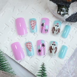 LBPEPAMZ Christmas Press on Nails Short Square Fake Nails with Glitter Xmas Tree Designs Cute Elk Snowman Bell False Nails Pink Bling Reindeer Full Cover Glossy Acrylic Stick on Nails for Women 24Pcs