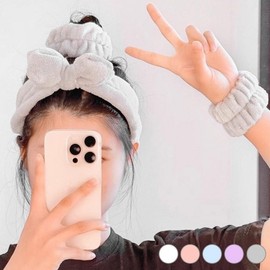 Ribbon Hair Wrist Band & Headband Set for Facial Washing and Shower Turban Sky/ONE 3ea