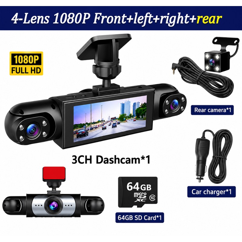 Multi-Lens Dash Cam for Vehicle Recording – 1080P Front, Side