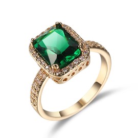 Ganquya Green Simulated Emerald Yellow Gold Plated Rings for Women,Fashion Cubic Zirconia CZ Engagement Promise Ring Size 6-10 (US Size 10)