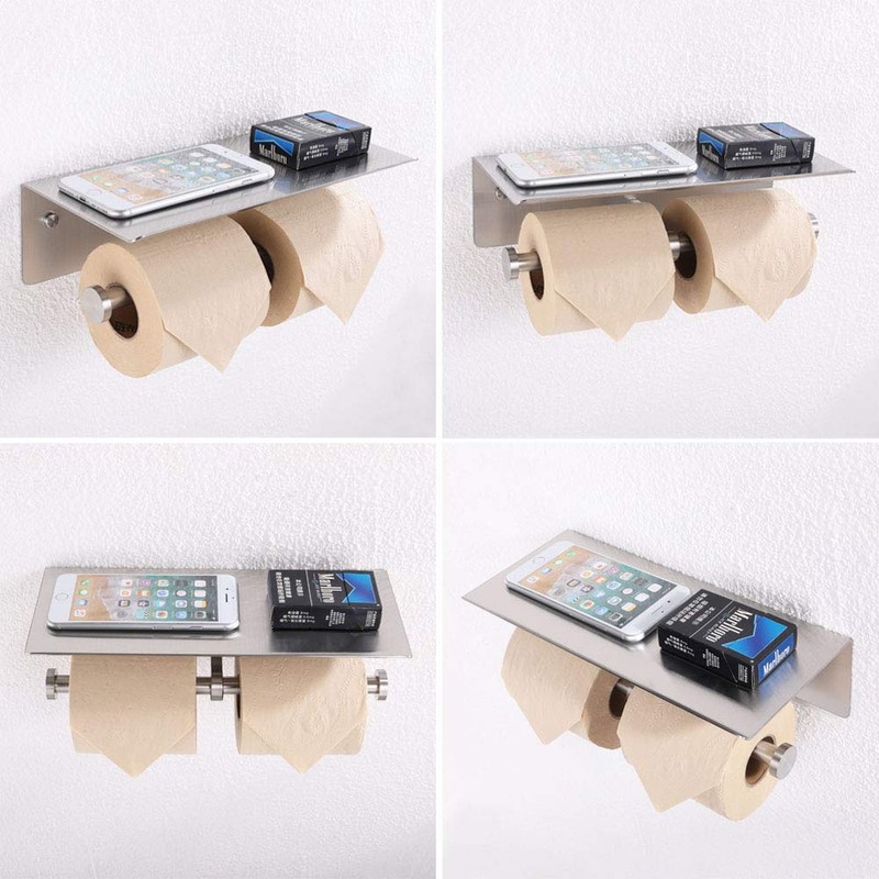 Double Toilet Paper Holder with Shelf Brushed Nickel, APLusee SUS