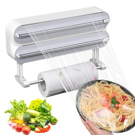 Magnetic Plastic Wrap Dispenser with Cutter,3 in 1 Aluminum Foil wrap Organizer,Upgrade Practical Refillable Cling Wrap Film Cutter，Wall Mount Kitchen Wrap Dispenser - Fits 12" Roll, White