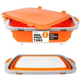Drip EZ Collapsible BBQ Prep Tubs 2-Piece Set - For Meal Prep Marinating Food Storage - Includes Cutting Board & Lid - (1) OG + (1) XL - Orange