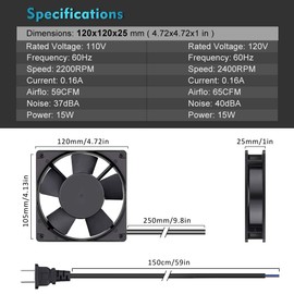 Wathai 1225 AC AXIAL Small Mini Muffin Exhaust Fan 110V 120V Dual Ball for DIY Cooling Ventilation Exhaust Projects 120mm x 25mm