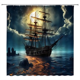 Pirate Ship Shower Curtain Nautical Vintage Ghost Sailboat Sailing Fantasy Ocean Full Moon Adventure Theme Men Boys Fabric Bathroom Decor Curtain with Hooks 70" Wx70 H