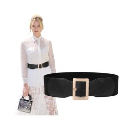 SUOSDEY Women's Elastic Wide Belt 7.5 cm Wide Black Waist Belt Vintage with Rectangular Buckle, Black - Golden Buckle