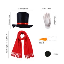 Lezevn 18Pcs Snowman Costume Kit Christmas Fancy Dress Black Top Hat Carrot Nose White Gloves Black Wool Balls for Party Cosplay