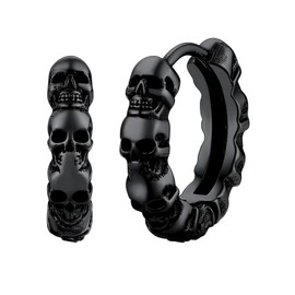 Punk Skull Earrings, Men's Gothic Black Hoop Earring Stainless Steel Cool Skull Ear Hoops for Father HUsband