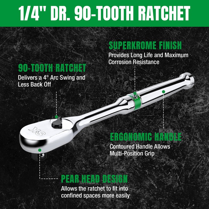 SK 1/4" Drive Ratchet Handle, Pear Head, 90-Tooth Ratchet, Alloy