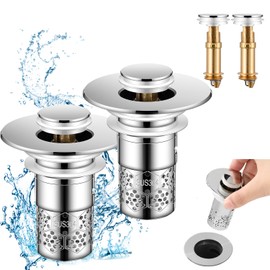 2Pcs Bathroom Sink Stopper with Hair Catcher, Pop Up Sink Drain Filter with Removable Stainless Steel Filter Basket Hair Catcher, for US 1.1''-1.417'' Drain, for Bathroom Sink Stopper Replacement