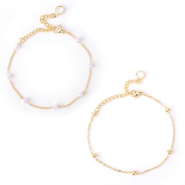 Mikovivi 2pcs Gold Chain Bracelet Set, Stackable Pearl Bracelets for Women Adjustable No Fading Dainty Gold Jewelry Fashionable Beaded Chain for Weddings Birthdays Women Jewelry Gift