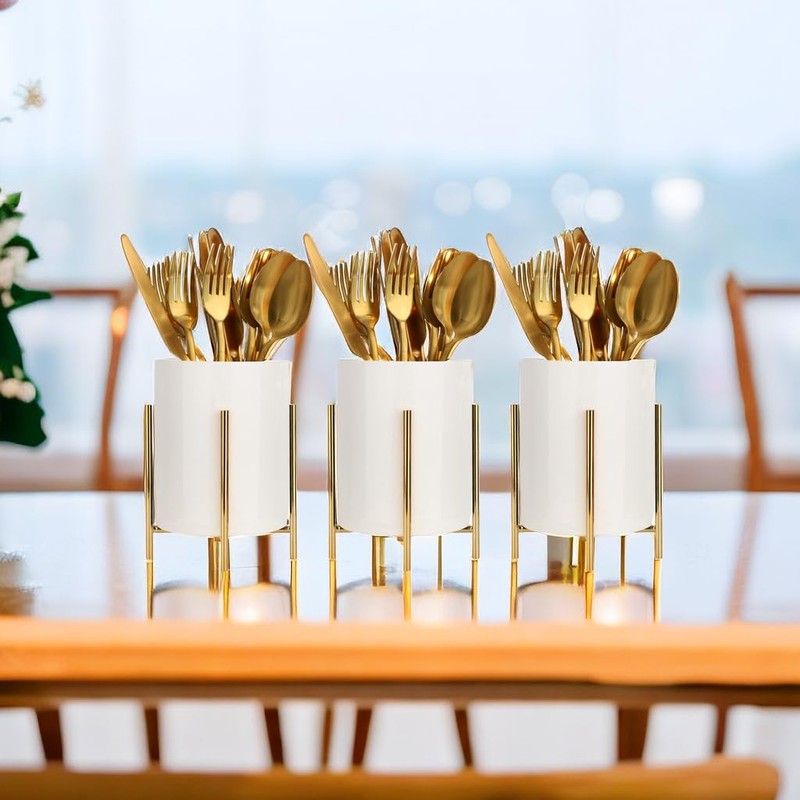 SIEBOLD Kitchen Utensil Holder,White Ceramic Silverware Caddy With Golden Metal