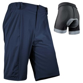 Wulibike Cycling Shorts Men's MTB Shorts Cycling Shorts Padded 2 in 1 Mountain Bike Shorts for Men with Padding Bicycle Cycling Shorts Zip Pockets, navy blue
