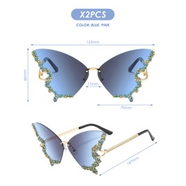 EHDWXVZM 2 Pairs Butterfly Glasses with Rhinestones, Rimless Sunglasses, Women's Sunglasses, Fashionable Sunglasses, Creative Sunglasses, Accessories, Gray-Blue Lenses