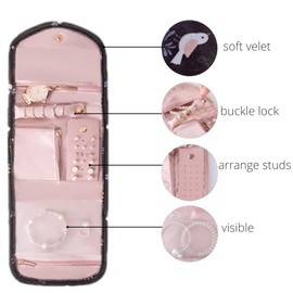 AUXIN Mini Travel Jewelry Organizer Case for Holiday Vacation Storage Earrings Studs Rings Necklaces Bracelets Brooches, Foldable Pouches Roll Bag for Women Ornaments (Black)