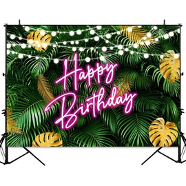 Sensfun Hawaiian Tropical Palm Leaves Happy Birthday Backdrop Aloha Luau Pink Neon Birthday Jungle Green Leaves Photo Background Adults 30th 40th 50th Birthday Decorations Banner Photo Props 7x5ft