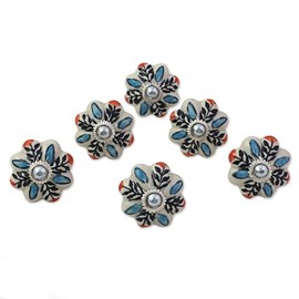 NOVICA Floral Ceramic Nickel Plated Brass Cabinet Knobs, White and Blue, Multicolored Flower Harmony' (Set of 6)