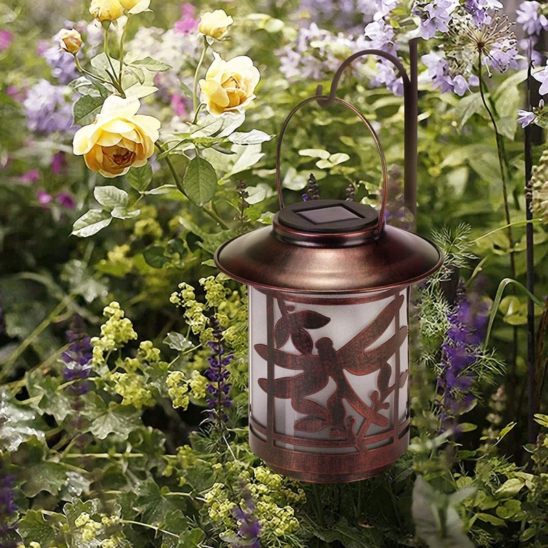 Solar Lantern Lights Outdoor, Dragonfly Waterproof Metal Hanging Solar Lights