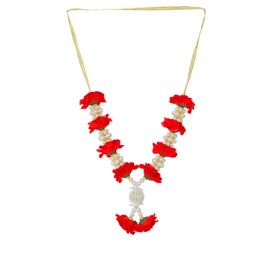 Artificial Mala Rose Flowers Ribbon Garland for Idol-Mala with Beads for God Statues Accessories Pooja Sringar Articles Ornament for Indian Traditional Festival Decoration(Size:-7")(Red)