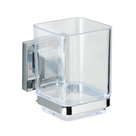 WENKO Vacuum-Loc® Zahnputzbecher mit Halterung Quadro, Zahnbürstenhalter ohne bohren für das Bad, rostfreie Edelstahl-Wandhalterung mit transparentem Kunststoffbecher, 7,5 x 10 x 10 cm