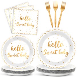 ZOIIWA 96 PCS Hello Sweet Baby Tableware Set for 24 Guests oh Baby Party Supplies Hello Baby Plates Napkins Baby Shower Party Table Decor White and Gold Dinnerware Baby Shower Birthday Party Favors