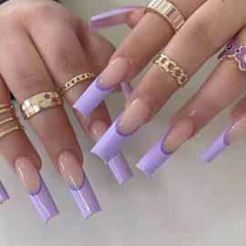 MERVF Long Press on Nails Coffin French Fake Nails Tip Purple Ballerina Acrylic Nails Glossy 24pcs False Nails for Women and Girls