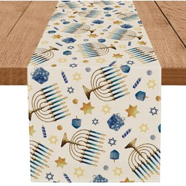 GAGEC Happy Hanukkah Table Runner Chanukah Menorah Decorations Jewish Traditional Holiday Party Indoor Decor for Home Kitchen Dining Room (Hanukkah)