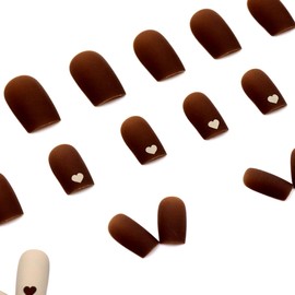 YAOBFFCAS Coffee Love Heart Press On Nails Long Squoval ABS Natural Fit Fake Nails with Jelly Glue Reusable Manicure Glue On Nails Woman and Girl False Nails UV Cover Gel Glossy Nails 24PCS