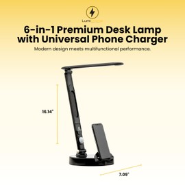 LumiCharge LED 6 in 1 Desk Lamp and Phone Charging Dock - Qi Wireless Charging pad 10W, Touch Control, Motion Light, Clock w/LED Display | Compatible with All Phone Models and Smart Watches | Black