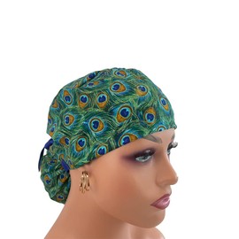 Ponytail Medical Scrub Cap. Peacock Feathers.- Turn Up Ponytail Scrub Hats, Dr. Hats, Nurses Hats. Scrub Hat for Women & Men tie Back | Working Cap with Holder