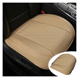 GLSOWEE Leather Car Seat Cover, Auto Front Bottom Seat Cover Luxury Car Seat Protector Anti-Slip Waterproof Cushion Cover with Storage Pocket, for Most Cars, Trucks, SUVs (Beige)