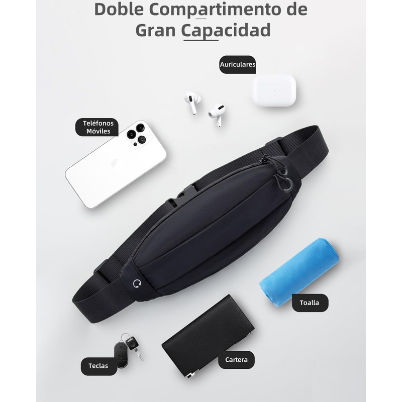 Cangurera Riñonera Deportiva para Correr Hombre Mujer, Negro