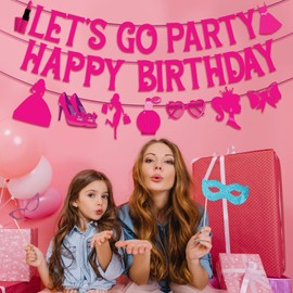 Let's Go Party Happy Birthday Banners for Women, Hot Pink Princess Banners for Girl Doll Theme Party Ladies Birthday, Cute Photo Backdrop, 21st Bday Supplies