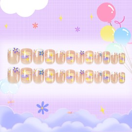 Kawyehu 24pcs Press on Nails for Kids Short Square Fake Nails for Girls Self-Adhesive Full Cover for Girls Kids Nail Decoration (Flower Star)