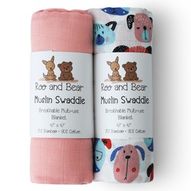 Twin Pack Muslin Swaddle Blankets - Large 47 x 47 Inch Size - Buttery Soft and Breathable for Newborn Baby Made with Bamboo Rayon and Cotton Blend - Pink and Cute Dogs