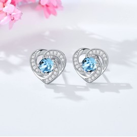 AOBOCO 925 Sterling Silver Heart Birthstone Stud Earrings for Women Valentines Day Anniversary Jewelry Gift for Girlfriend Wife (Aquamarine Blue)