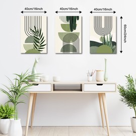 WENGTIAO Boho Sage Green Canvas Wall Art Set of 3, Framed Minimalist Aesthetic Botanical Wall Pictures Geometric Line Plants Leaf Artwork Paintings Room Decor for Bedroom Living Room Office 12"x16"x3