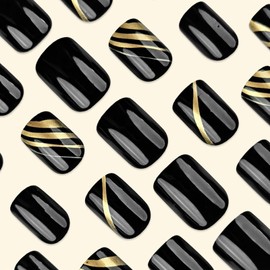 Black Press on Nails Short Square Gold Lines Designs Fake Nails Black Full Cover False Nails Press ons Glossy Glue on Nails Acrylci Stick on Nails for Women Girls 24 Pcs