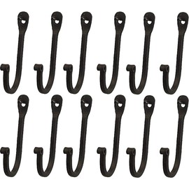 Early American Single Prong Wrought Iron Hooks, Set of 12 - Rustic Curved Metal Fasteners - Decorative Colonial Wall Décor