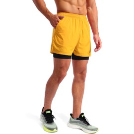Pudolla Pantalones Cortos de Correr 2 en 1 para Hombre de 5 Pulgadas, Secado rápido, Pantalones Cortos de Entrenamiento atléticos para Hombre con Bolsillos para teléfono, Flame Orange, Small