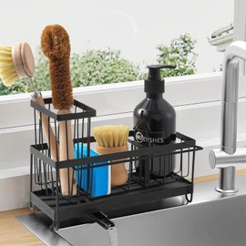 HomeUp Carbon Steel Kitchen Sink Caddy Rustproof Self Draining Sponge Holder with Drip Tray 3 Cleaning Brushes 1 Sponge & Soap Bottle Space Saving Sink Organizer for Countertop Storage.