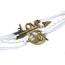 PURPLE WHALE Mockingjay Bird, Arrow, Love Charm Leather Bracelet for, Women, Vintage Style Bronze Wrap Bracelet, Braided Rope Wristband, Gift for Her & Him, White, 7-8 Inches