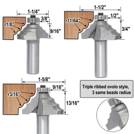 5Pcs Triple Bead Ovolo Bit Set,1/2" Shank,Radius 3.5mm, 4.5mm, 5.5mm, 6mm and 7.8mm,Decorative Edge Bits with 3 Quarter-round Rounding Over,Bearing Guided Router Bits for Wood Profiling,Molding
