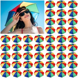 Kacctyen 50 Pcs Rainbow Umbrella Hat for Adults 20.87 Inch UV Protection Umbrella Cap Hands Free Head Umbrella Hat Adjustable Headwear for Fishing Gardening Camping Hiking Beach(Rainbow Style)