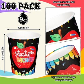 FYSUIMU 100 Pcs Teacher Appreciation Paper Cups Black Apples Pencil Disposable Cups 9 oz Thank You Teacher Party Drinkware for Hot Cold Drinks Teacher's Day Table Supplies